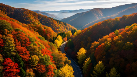 A breathtaking aerial view of a winding road through a vibrant autumn mountain valleyの写真素材