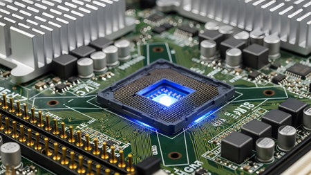 The intricate details of a computer motherboard with a vibrant blue-lit cpu socket