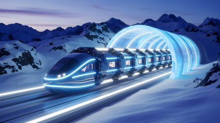 A futuristic high-speed train with glowing blue lights traverses a snowy mountain landscape