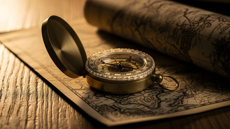 An antique brass compass and aged map resting on a rustic wooden surface, highlighting adventure and...