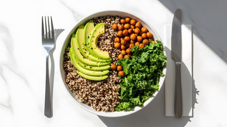 A nourishing and vibrant vegan power bowl with fresh avocado, quinoa, roasted chickpeas, and kaleの写真素材