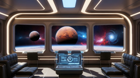 Futuristic space lounge with panoramic views of mars and a swirling galaxyの写真素材