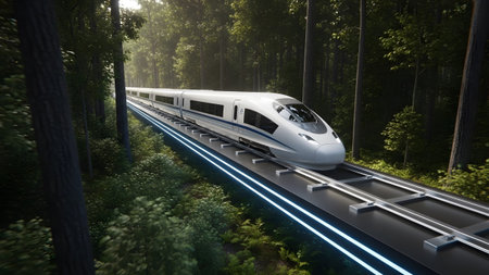 High-speed train with glowing track traveling through a verdant forest landscape
