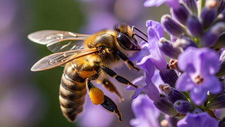Busy honey bee collecting golden pollen from a beautiful lavender blossom on a sunny dayの写真素材