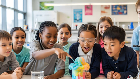 Young students marvel at a vibrant chemical reaction during an engaging science experiment