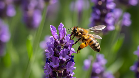 A busy honey bee collecting nectar and pollen from fragrant purple lavender flowers on a sunny day
