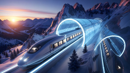 Futuristic bullet train traverses a snow-covered mountain pass at sunset within glowing tunnels