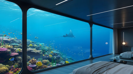 An extraordinary underwater bedroom with panoramic views of a vibrant coral reef and marine life