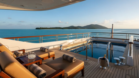 Luxurious yacht deck with refreshing pool and stunning ocean view, perfect for tropical relaxation