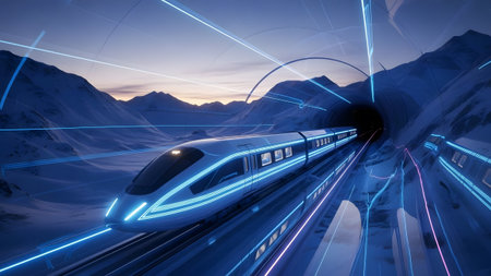 Futuristic high-speed train with glowing blue lines traveling through snowy mountains