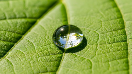 Delicate water droplet on a vibrant green leaf capturing the sun and sky in its spherical reflection