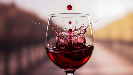 A captivating red wine drop creating a dynamic splash in an elegant glassの写真素材
