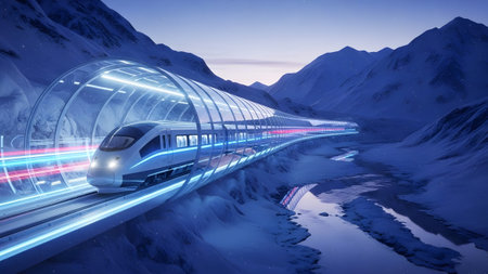High-speed train traversing a futuristic illuminated tunnel through snow-covered mountains