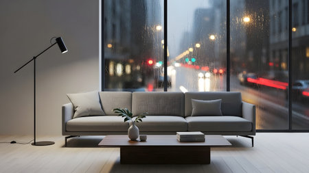 Cozy modern living room interior with a comfortable sofa and a view of a rainy city street