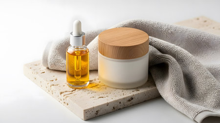 Essential skincare products: dropper bottle with serum and cream jar for daily beauty routine