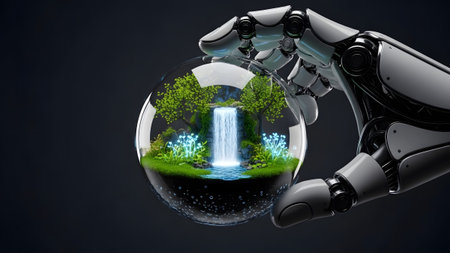 Robotic hand cradles a miniature ecosystem in a glass orb, symbolizing technological care for natureの写真素材