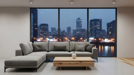Modern living room with a cozy grey sofa overlooking a vibrant city skyline at night
