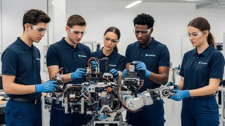 Young engineers collaborate on an advanced robotics project in a modern technology lab