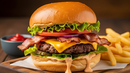 A delicious gourmet bacon cheeseburger with crispy fries and tangy ketchup on a wooden boardの写真素材