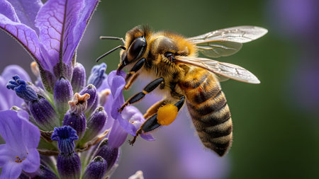 A close-up shot of a busy honeybee collecting nectar and pollen from a vibrant purple lavender...