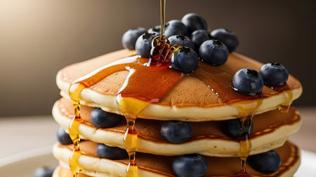 A delectable breakfast stack: fluffy pancakes adorned with fresh blueberries and flowing maple syrup
