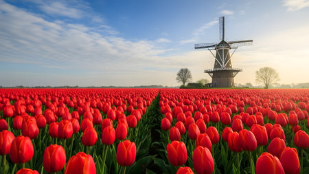 A breathtaking landscape of vibrant red tulips stretching to the horizon with a classic dutch windmill under a beautiful skyの写真素材