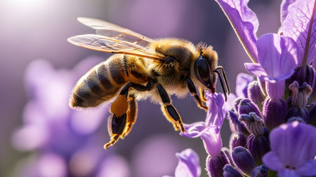 A busy honeybee diligently collecting nectar from fragrant purple lavender blossoms
