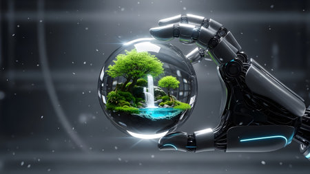 A robotic hand delicately cradles a vibrant miniature ecosystem within a glass sphere, symbolizing technological preservation of natureの写真素材
