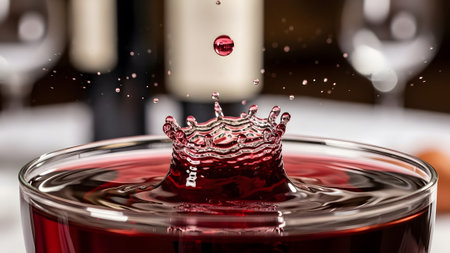 Dynamic splash of deep red wine with a floating drop and scattered dropletsの写真素材