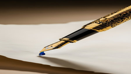 Elegant gold and black fountain pen poised to write on crisp white paper with a drop of blue inkの写真素材