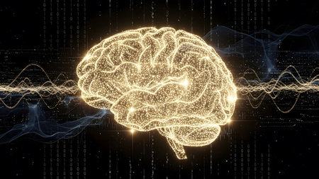 Artificial intelligence brain represented by glowing particles and digital waves
