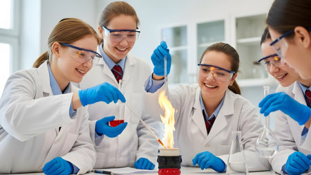 Young students conducting an exciting chemistry experiment in a school laboratory