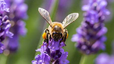 A busy honey bee diligently collects pollen from a fragrant purple lavender flowerの写真素材