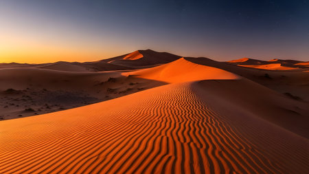 Golden hour over the vast desert landscape with majestic sand dunes and a serene sky