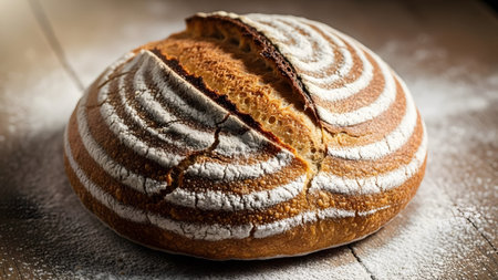 Artisan sourdough loaf with a golden crust and flour dusted pattern on a rustic wooden table