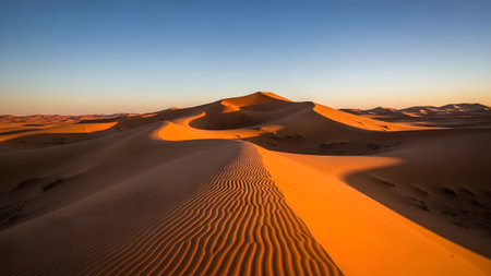 Golden sand dunes illuminated by the warm light of sunrise across a vast desert landscapeの写真素材