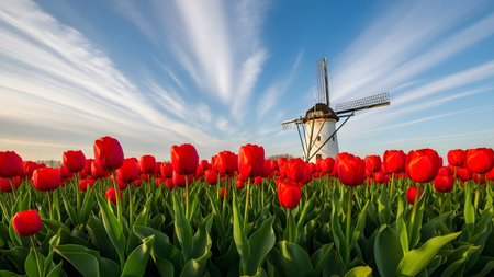 Vibrant red tulip field with a classic dutch windmill under a beautiful blue skyの写真素材