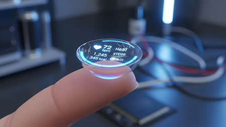 A futuristic smart contact lens displaying real-time health metrics on a human fingertip