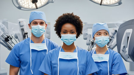 Dedicated surgical team standing confidently in an advanced operating roomの写真素材