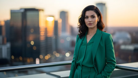 Confident businesswoman in a stylish green suit stands on a rooftop overlooking a vibrant city at...