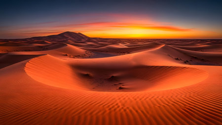 A breathtaking desert sunset painting the vast sand dunes with warm golden huesの写真素材