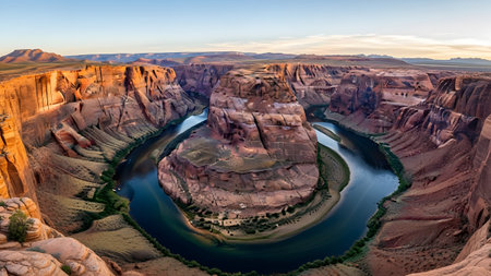 Horseshoe bend in arizona featuring the majestic colorado river winding through ancient canyon walls at sunsetの写真素材
