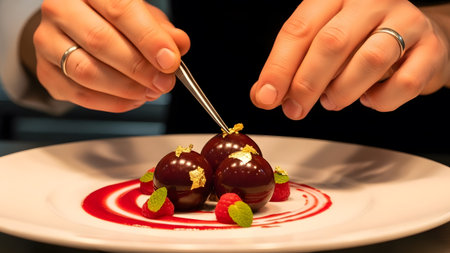 Expert hands delicately place gold leaf onto gourmet chocolate dessert with raspberry and mintの写真素材