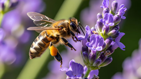 Honey bee diligently collecting nectar and pollen from vibrant purple lavender flowers