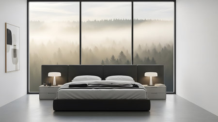 Serene modern bedroom design featuring an expansive view of a misty forest at dawnの写真素材
