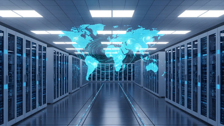 Global data infrastructure connecting the world through rows of illuminated server racks