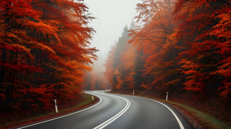 Winding road through a vibrant autumn forest shrouded in a peaceful morning mistの写真素材