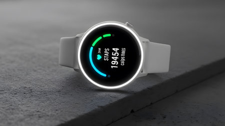 Modern white smartwatch displaying daily steps and activity on a dark textured surface