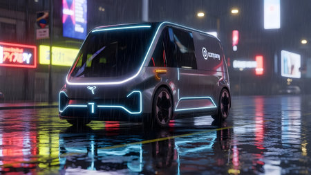 Futuristic autonomous electric delivery vehicle illuminating a rainy cyberpunk city streetの写真素材