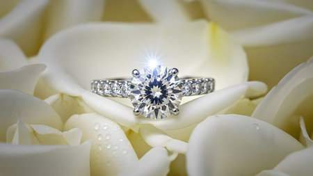 A dazzling diamond engagement ring resting delicately on soft white rose petals, symbolizing eternal loveの写真素材